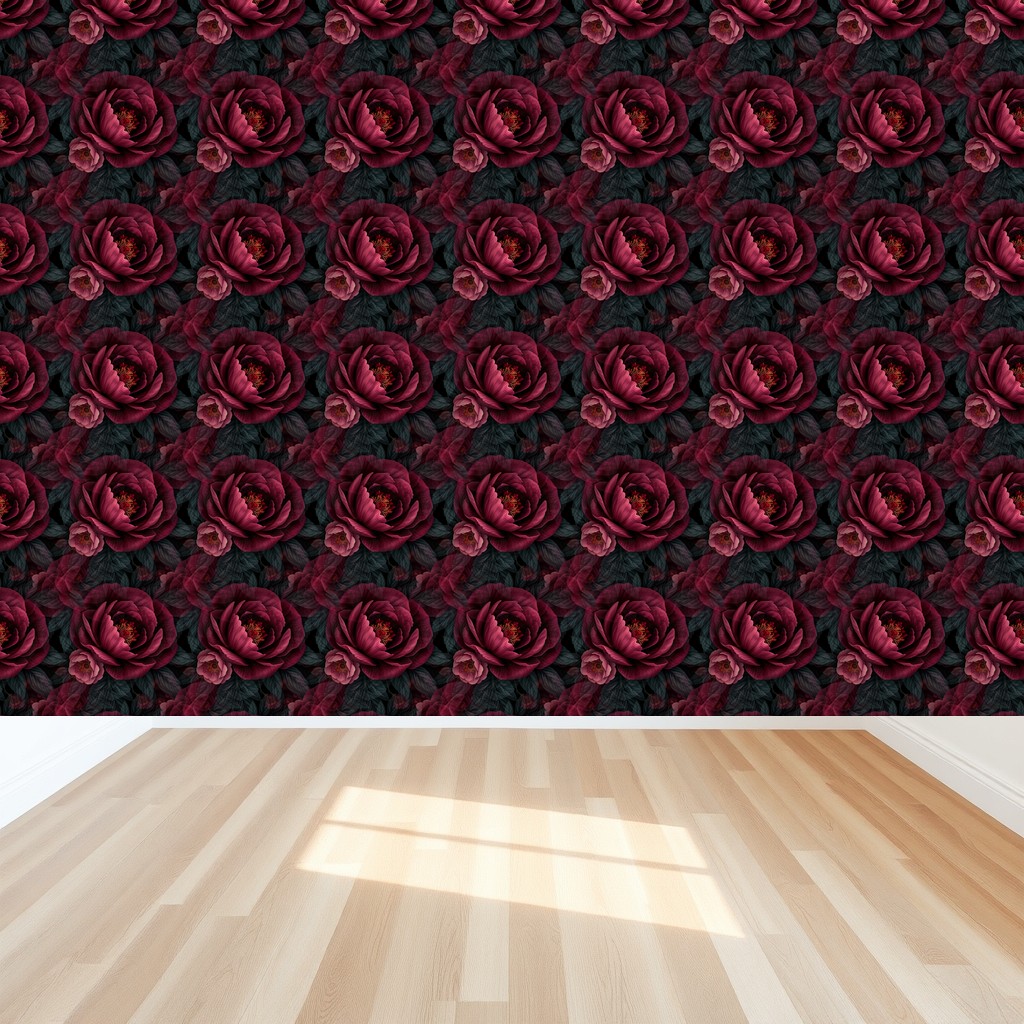 Midnight Peony — Burgundy & Dusty Rose on Near Black in a bedroom