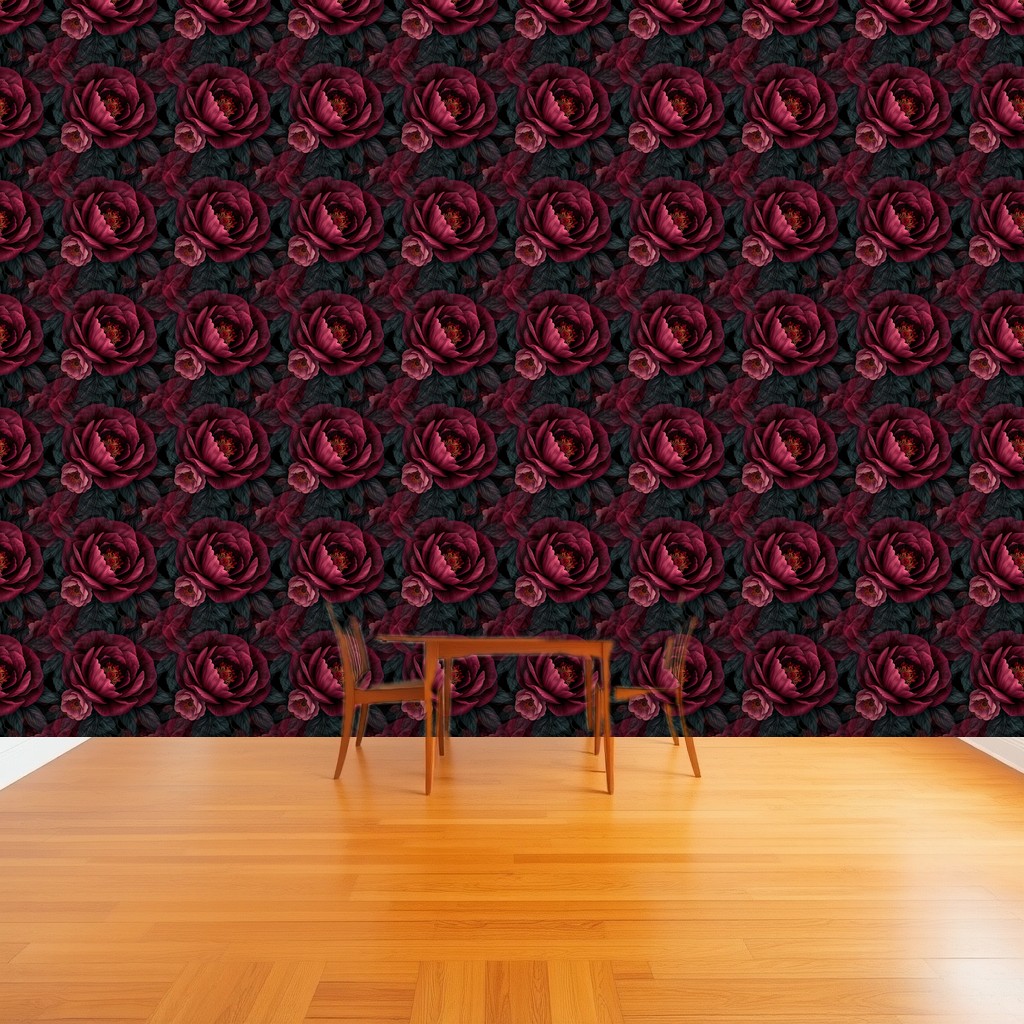 Midnight Peony — Burgundy & Dusty Rose on Near Black in a dining