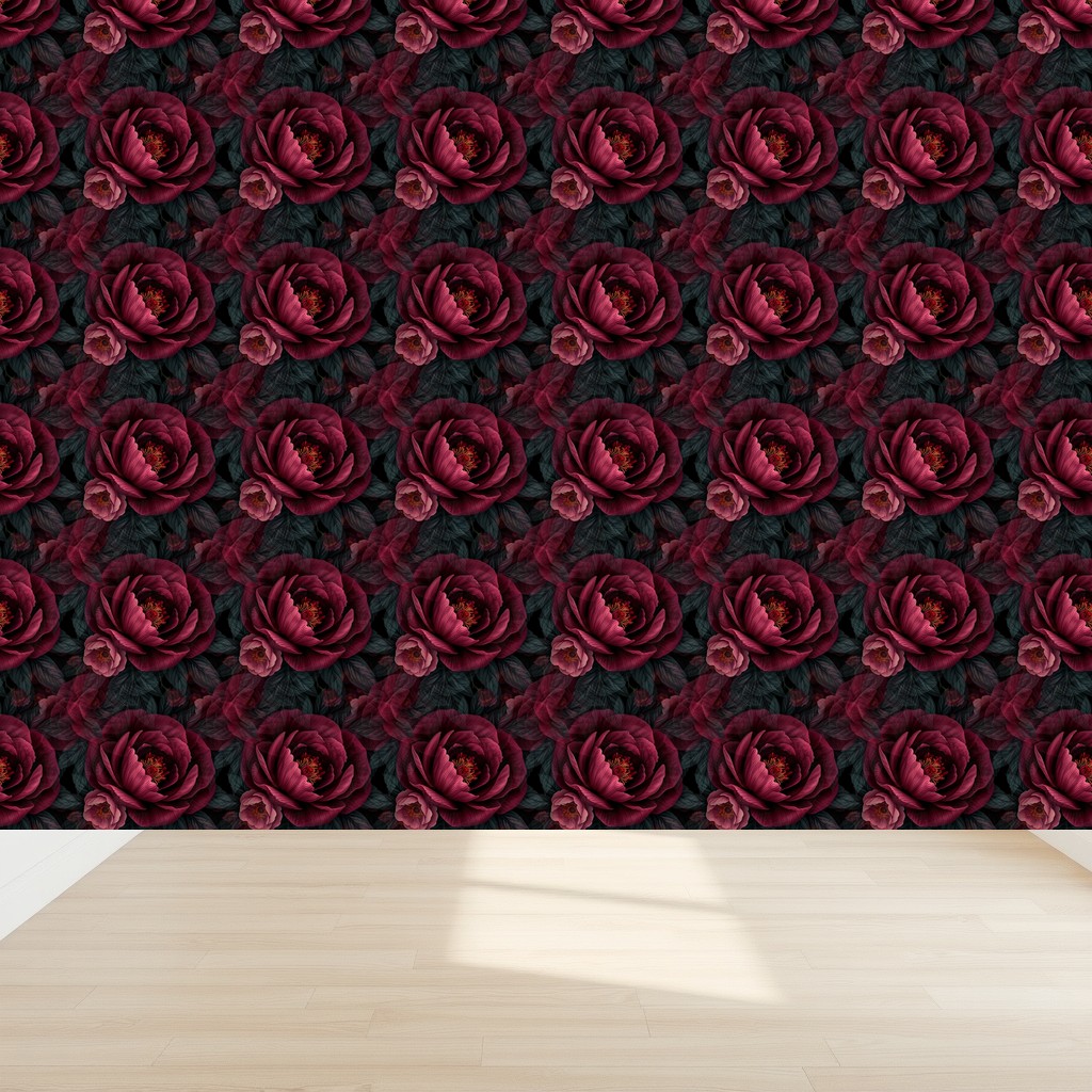 Midnight Peony — Burgundy & Dusty Rose on Near Black in a nursery