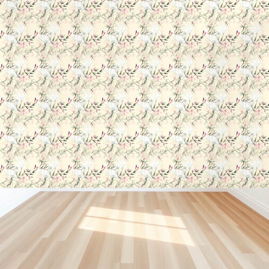 Crane & Bamboo Chinoiserie — Celadon & Blush on Pale Gold in a bedroom