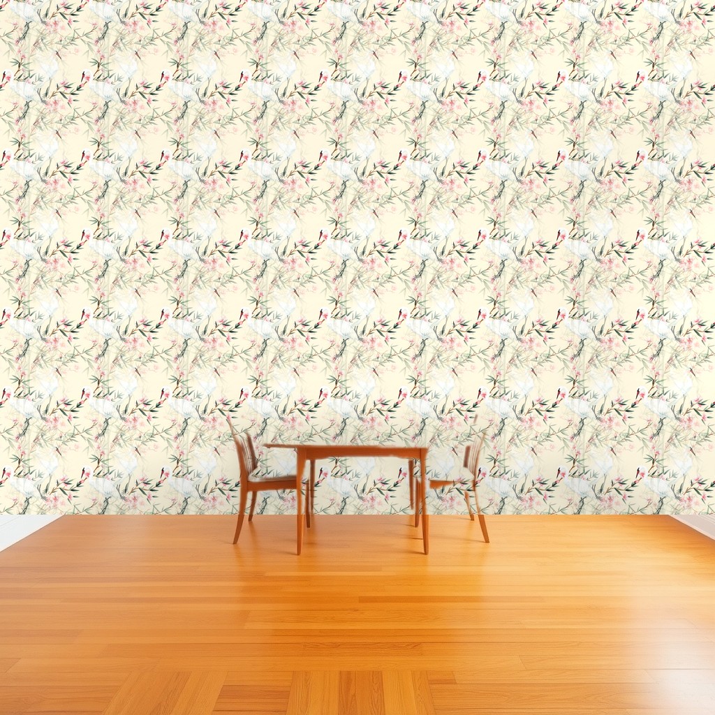 Crane & Bamboo Chinoiserie — Celadon & Blush on Pale Gold in a dining