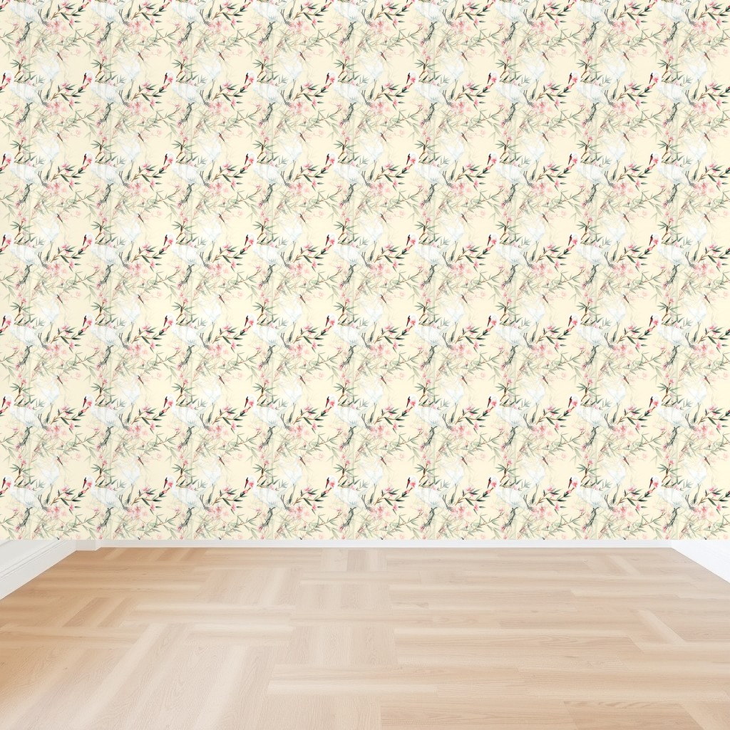 Crane & Bamboo Chinoiserie — Celadon & Blush on Pale Gold