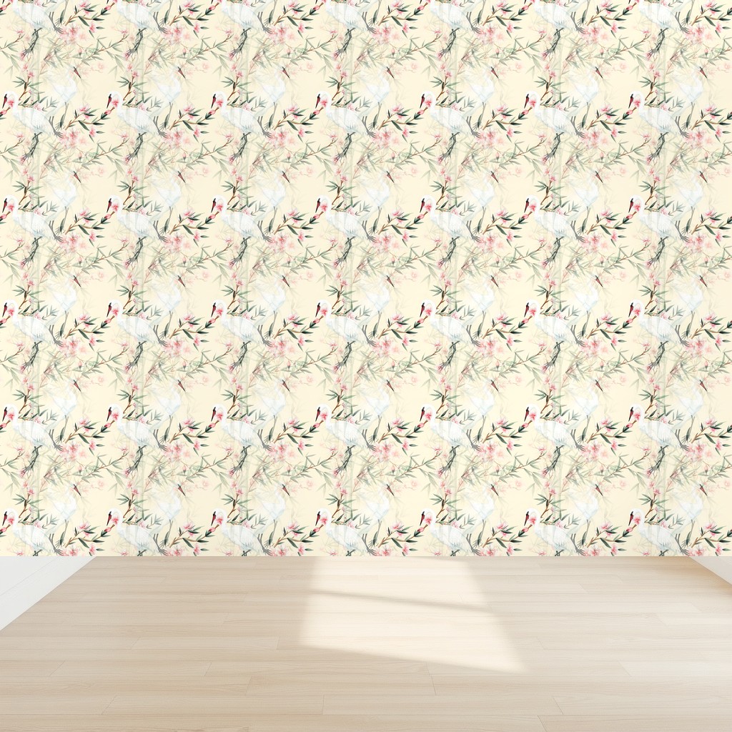 Crane & Bamboo Chinoiserie — Celadon & Blush on Pale Gold in a nursery