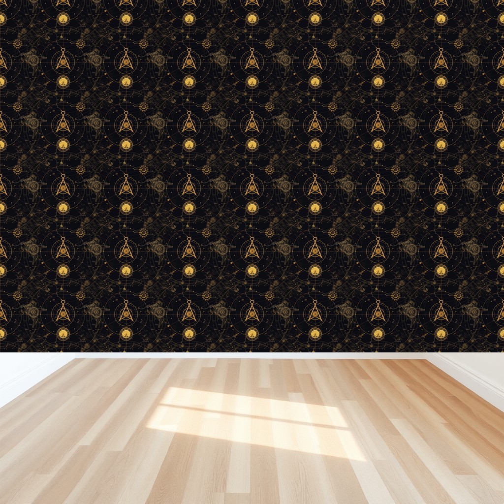 Celestial Chart — Antique Gold Constellations on Navy Black in a bedroom