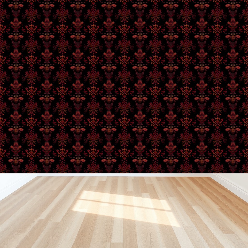Dark Academia Damask — Burgundy & Gold on Espresso in a bedroom