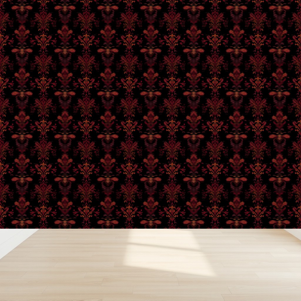Dark Academia Damask — Burgundy & Gold on Espresso in a nursery