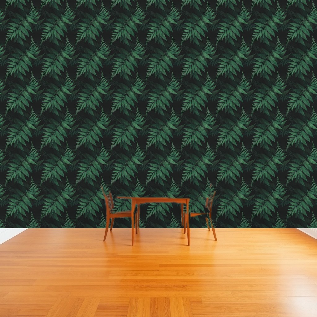 Shadow Ferns — Deep Green Fronds on Charcoal in a dining