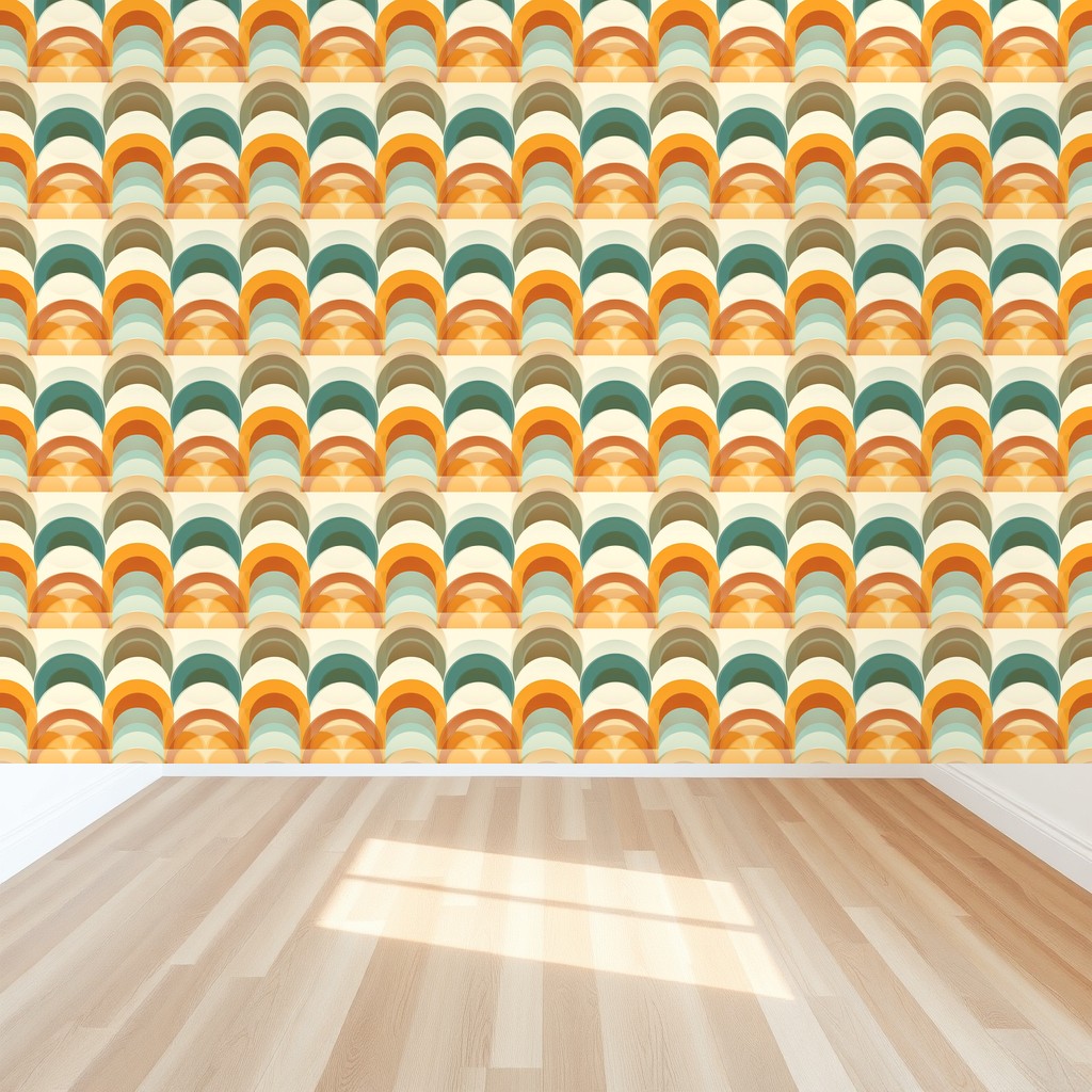 Mid-Century Arches — Mustard, Teal & Burnt Orange Geometric in a bedroom