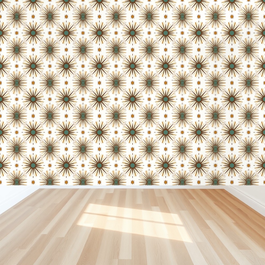 Atomic Age Starbursts — Teal, Walnut & Gold Retro Pattern in a bedroom