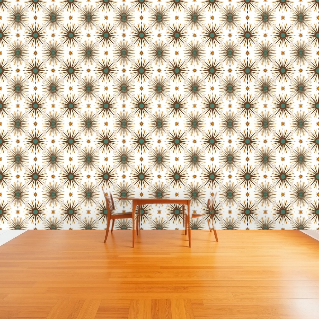 Atomic Age Starbursts — Teal, Walnut & Gold Retro Pattern in a dining