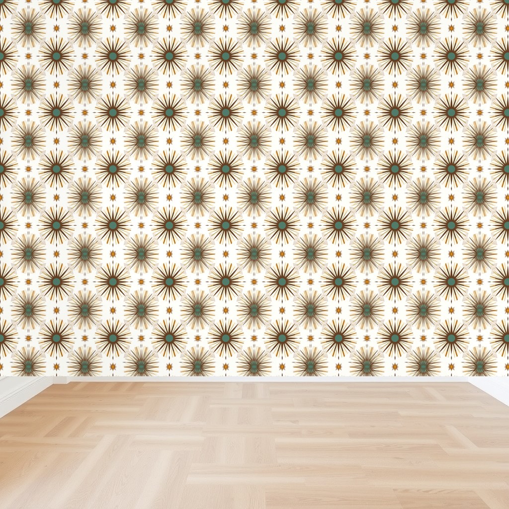 Atomic Age Starbursts — Teal, Walnut & Gold Retro Pattern