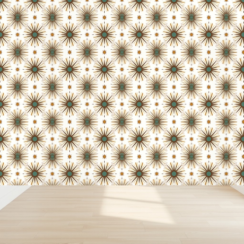 Atomic Age Starbursts — Teal, Walnut & Gold Retro Pattern in a nursery