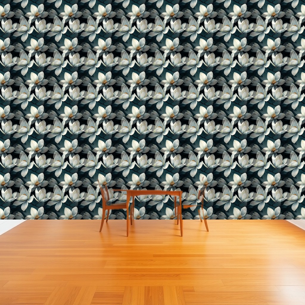 Magnolia Nocturne — White Blossoms on Deep Teal Black in a dining