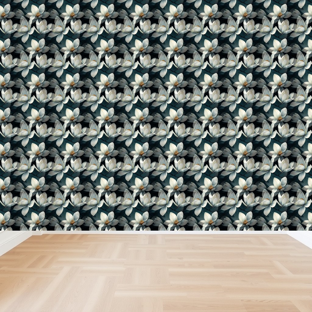 Magnolia Nocturne — White Blossoms on Deep Teal Black