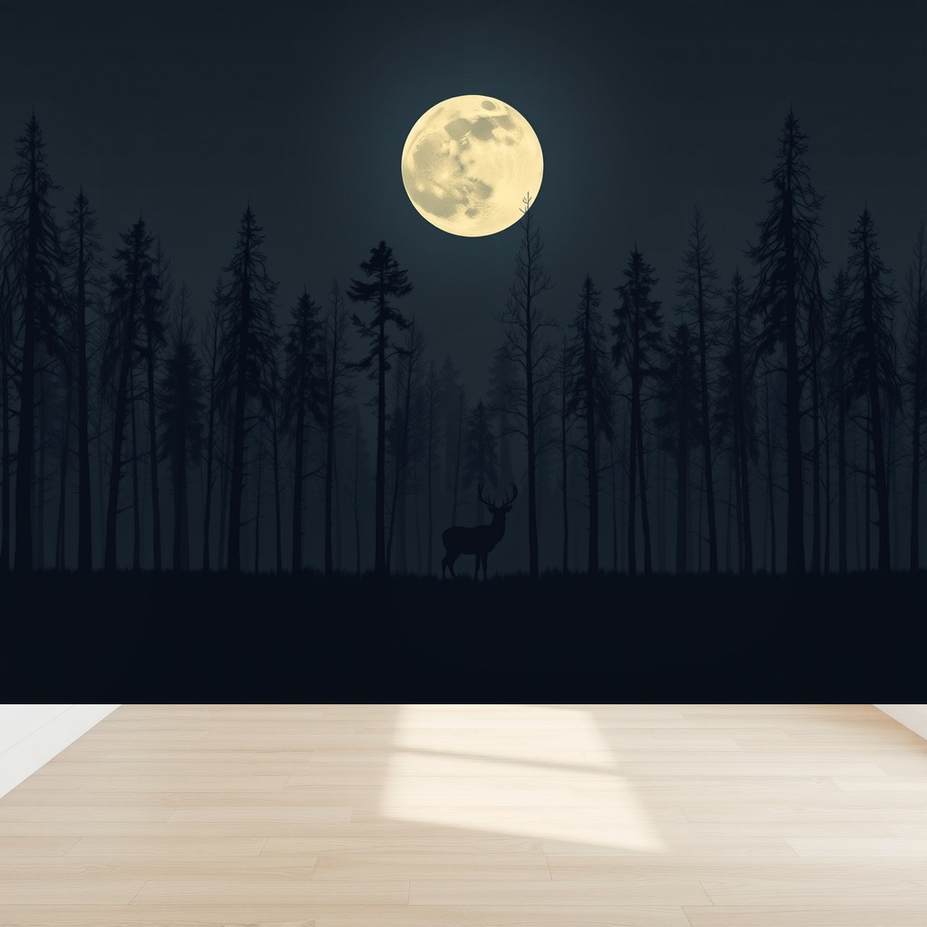 Moonlit Forest — Deer & Full Moon Wall Mural in a nursery