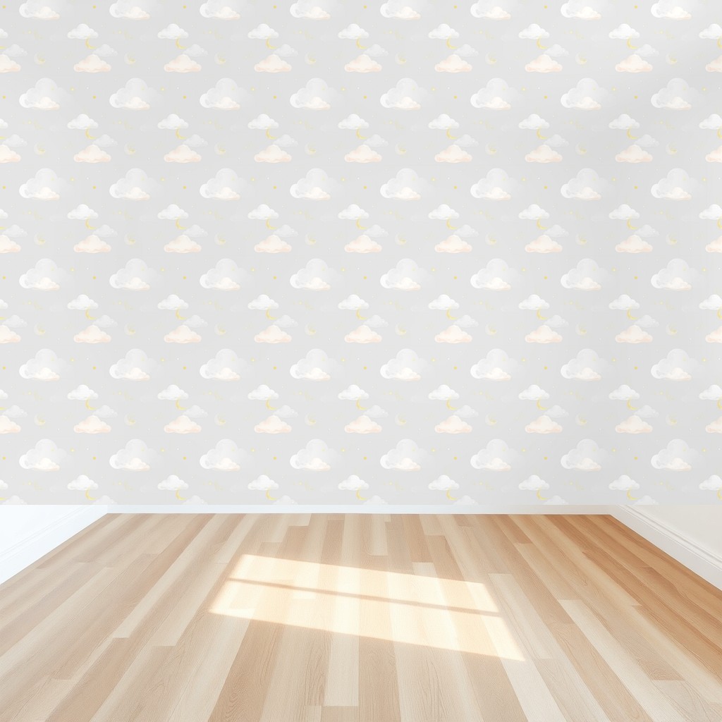 Cloud Nursery — Pastel Clouds, Gold Stars & Moons on Powder Blue in a bedroom