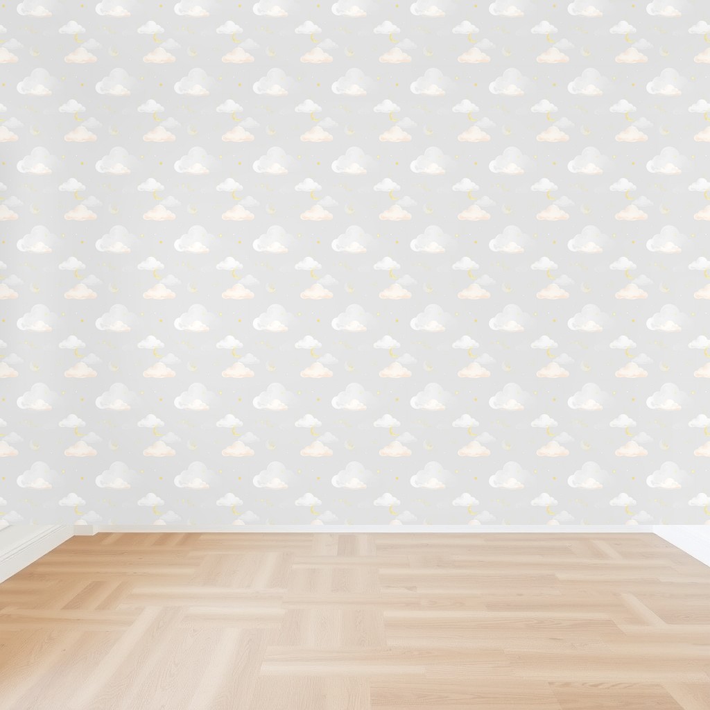 Cloud Nursery — Pastel Clouds, Gold Stars & Moons on Powder Blue in a living