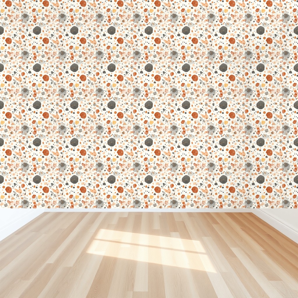 Warm Terrazzo — Tan, Rust & Blush Speckle on Off-White in a bedroom