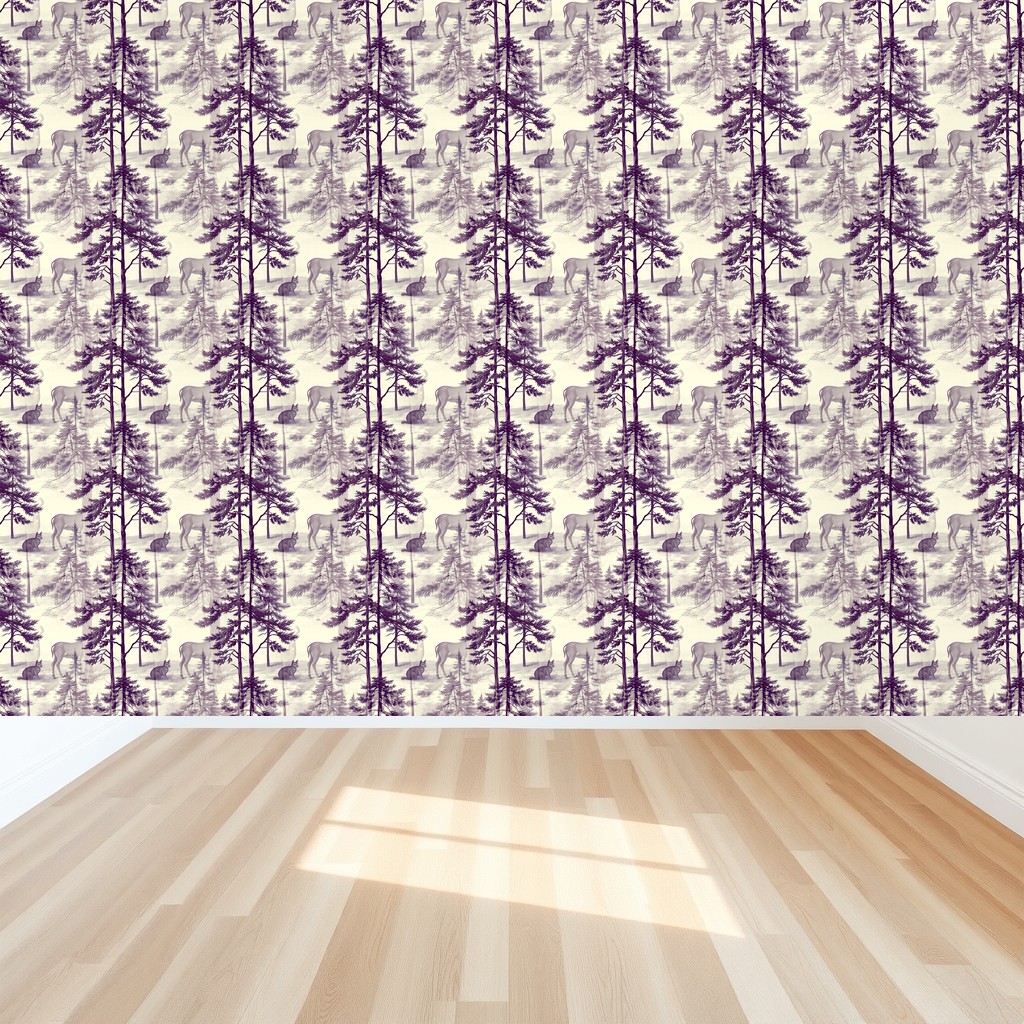 Woodland Toile — Deep Plum Deer & Pines on Ivory in a bedroom