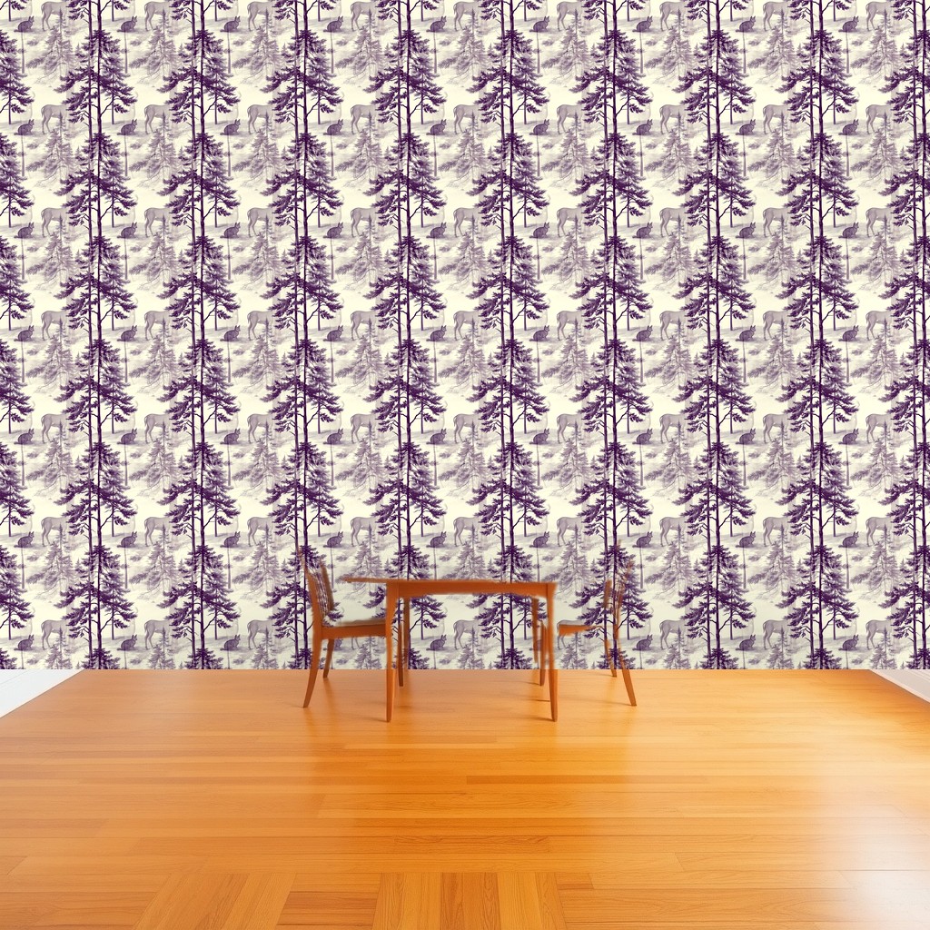 Woodland Toile — Deep Plum Deer & Pines on Ivory in a dining