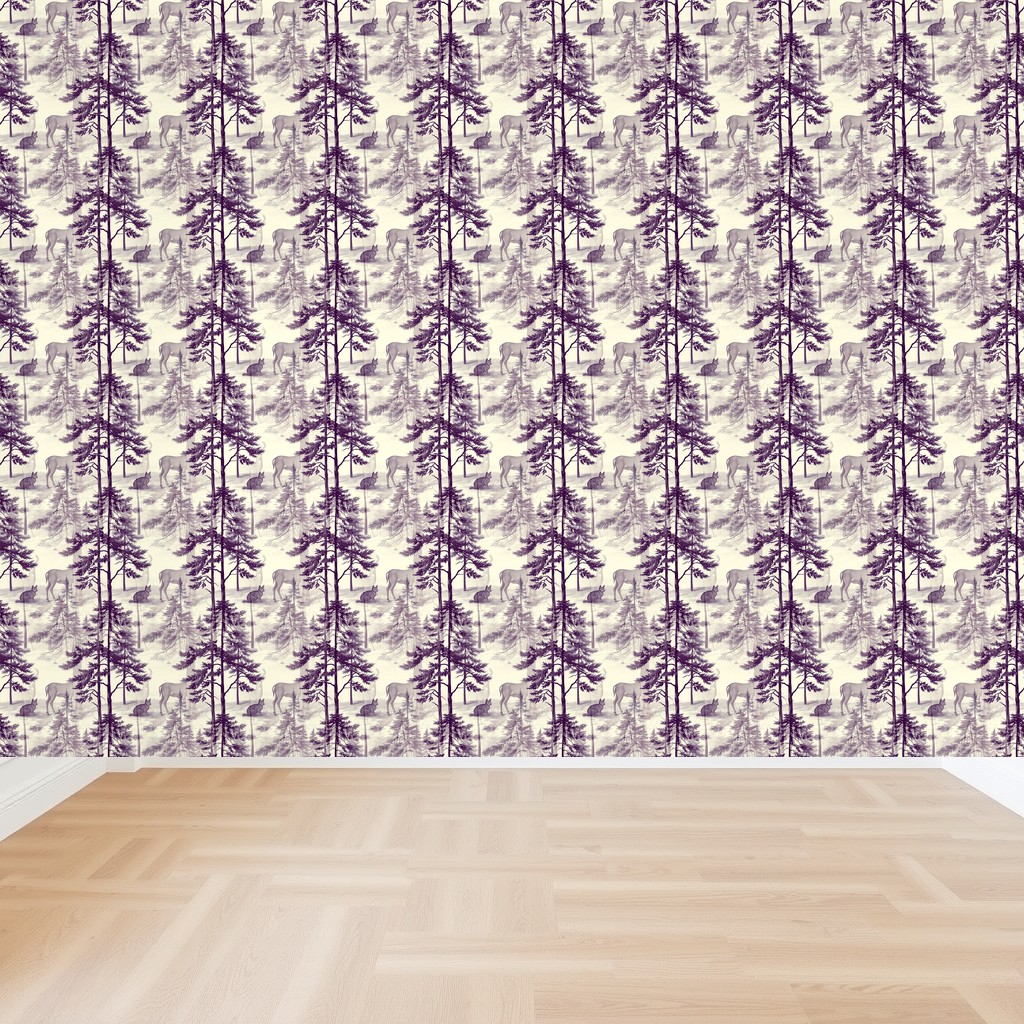 Woodland Toile — Deep Plum Deer & Pines on Ivory