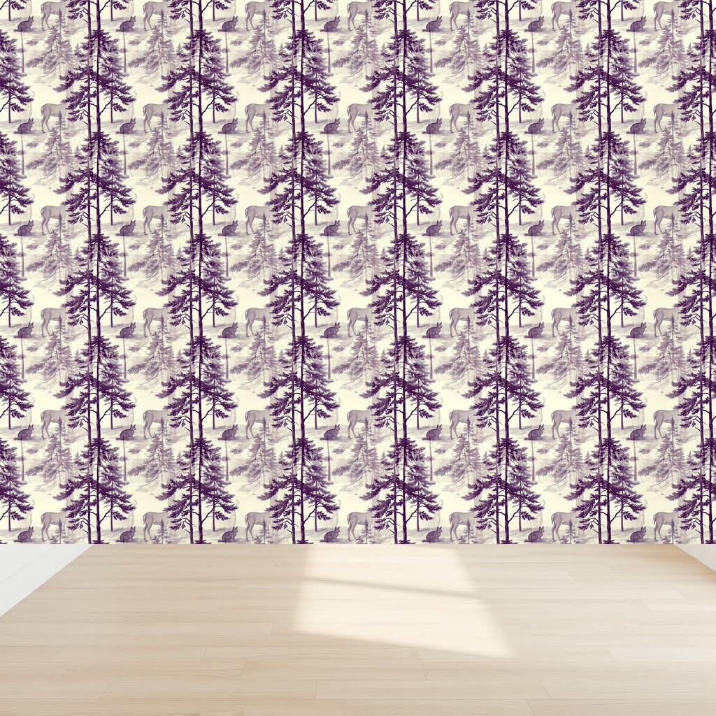 Woodland Toile — Deep Plum Deer & Pines on Ivory in a nursery